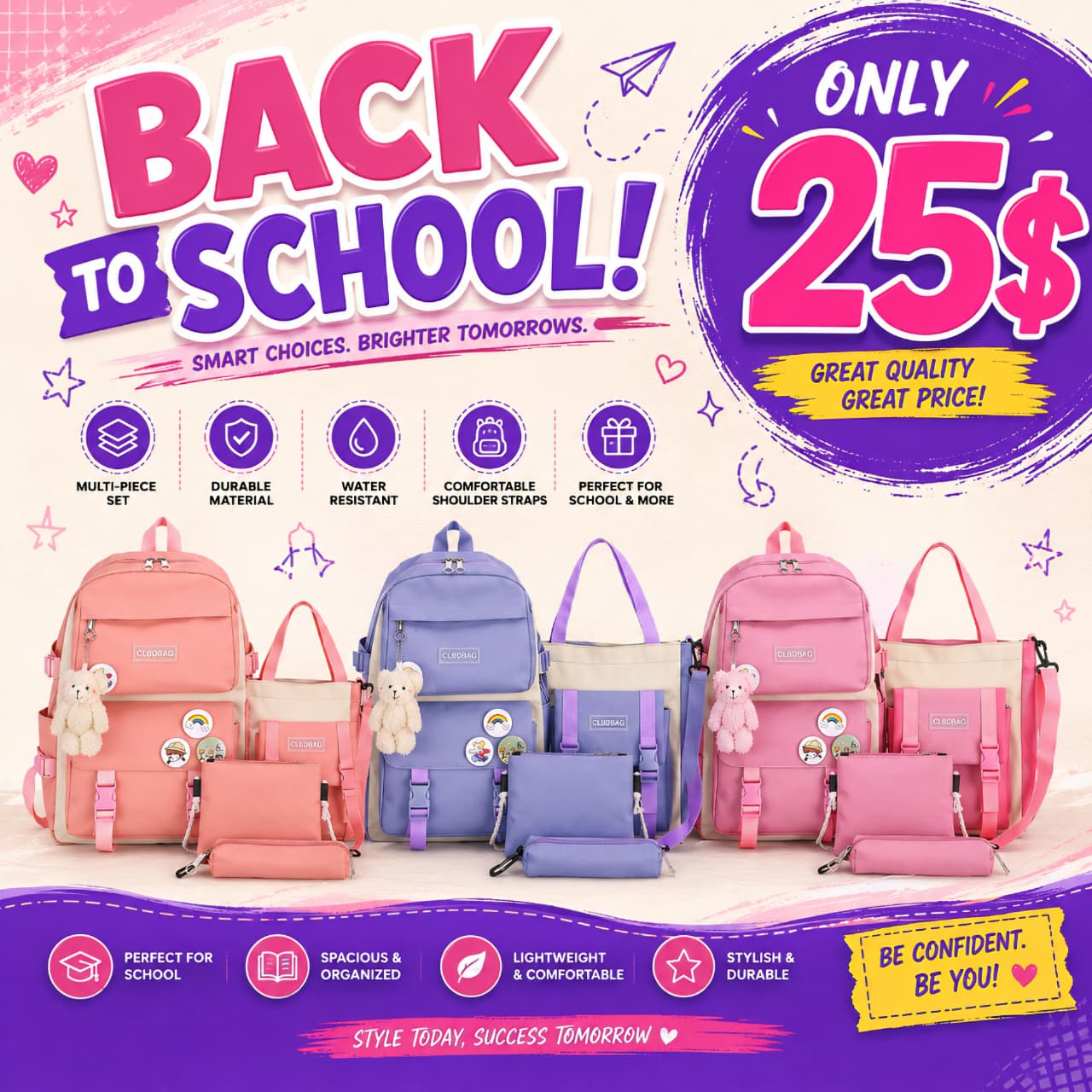 Multi-piece backpack set with tote and pouch in three pastel colors