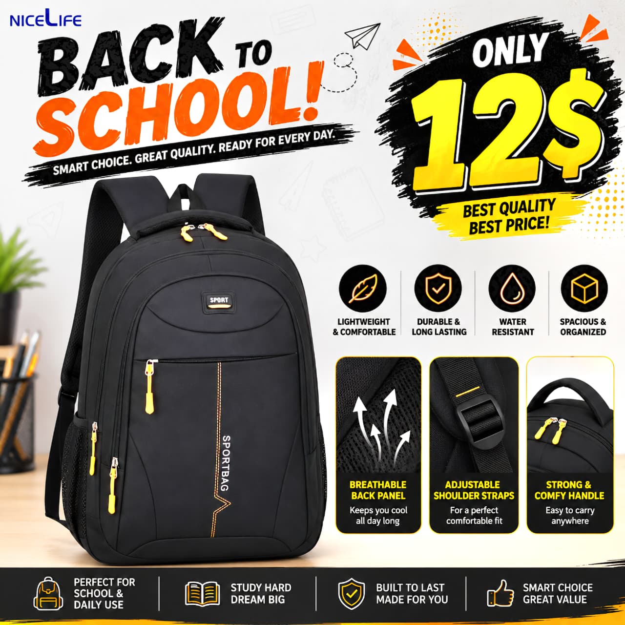 Sport backpack in black with yellow zippers